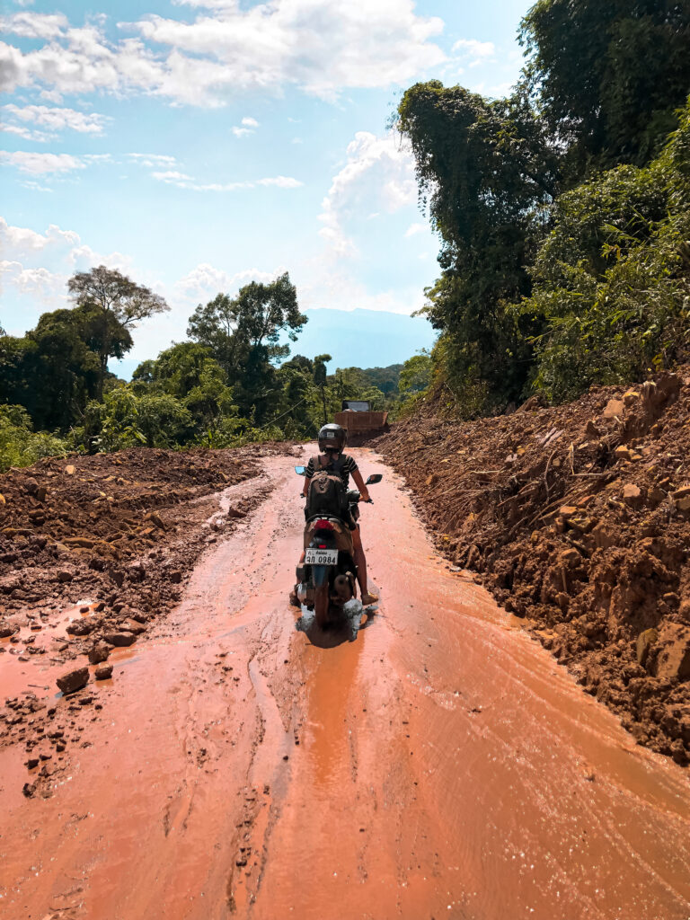 The muddy roads on the Thakhek Loop